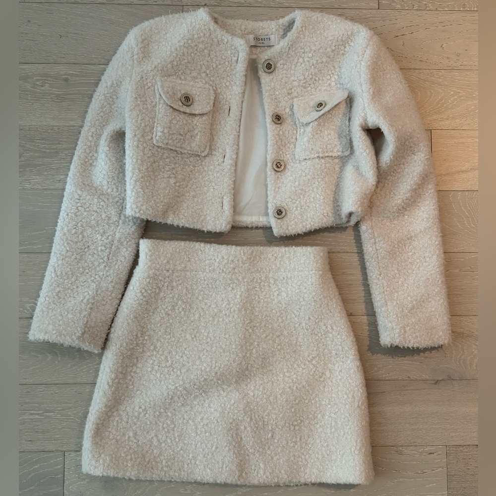 textured jacket & mini skirt set
